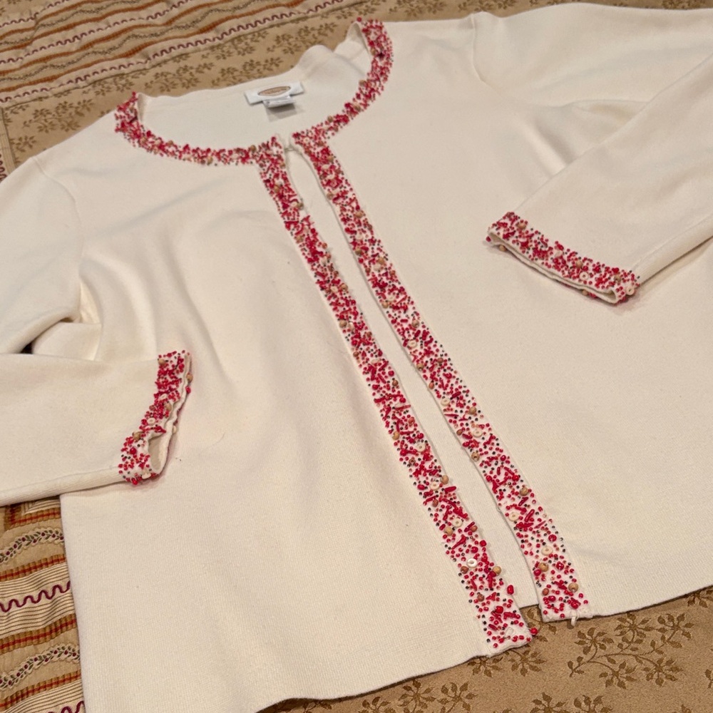 Talbots Cream Cardigan with Tiny Red Beaded Trim, Cotton Blend, Hand Wash, XL